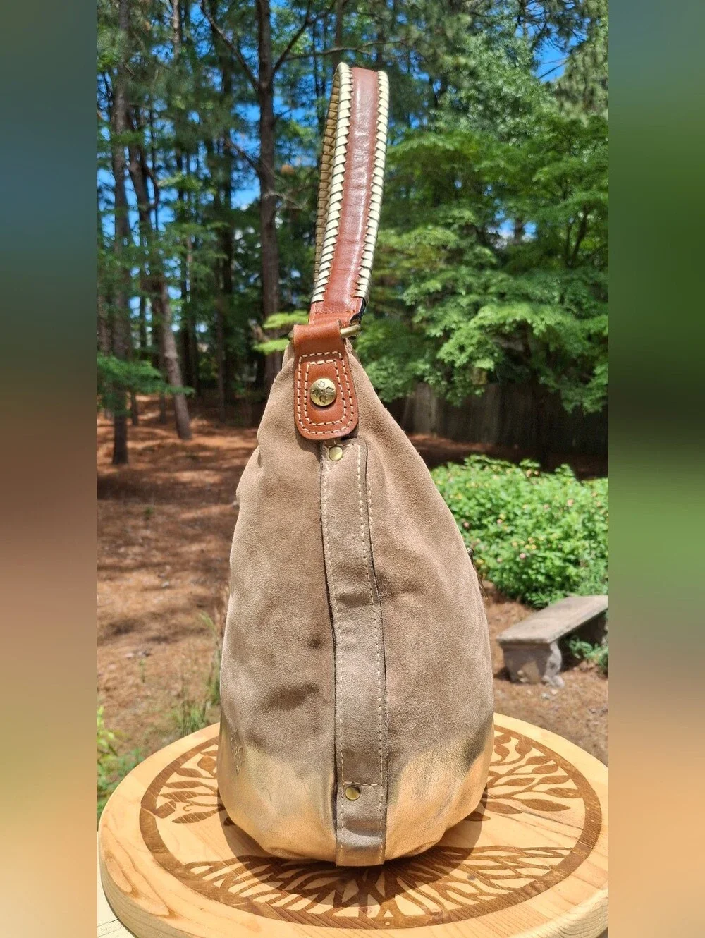 Patricia Nash Gold Ombre Tan Suede Tassel Whipstitch Leather Hobo Bag - Picture 3 of 14